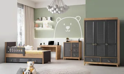 Produktbild von Komplette Kindermöbel Kinderbett Holz Möbel Set 4tlg Kinderzimmer Grau