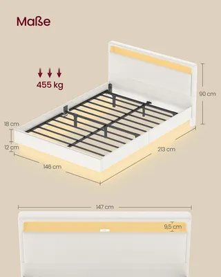 A diagram showing the dimensions of a bed frame, with measurements for length, width, height, and weight capacity.
