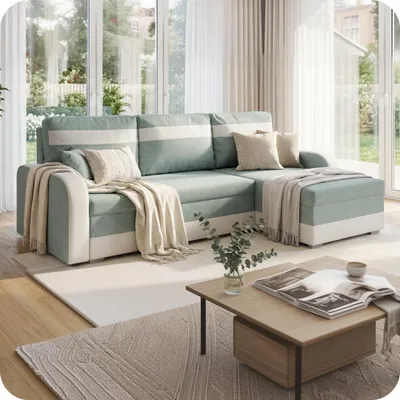 Produktbild von KomfortWelt24 Ecksofa mit Schlaffunktion und praktischem Bettkasten - Bequemer Eckcouch 214x140 cm L-Form CONDI Mint/Weiß