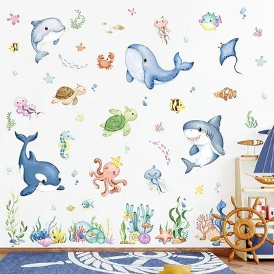 Produktbild von Wandaufkleber Ozean unter dem Meer mit Fisch, Meeresschildkröten und Algen für Kinderzimmer, Babyzimmer und Badezimmer - Abenteuer Schatz Dekoration
