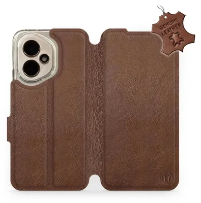 A brown leather flip case for a smartphone, shown open.