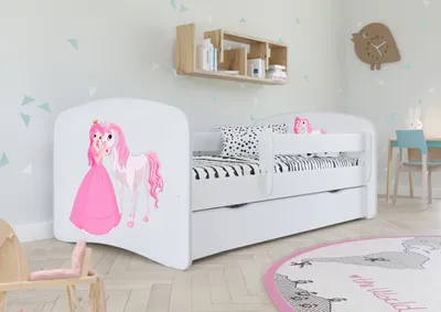 Produktbild von Kinderbett Jugendbett 80x160 cm Weiß mit Rausfallschutz Schublade und Lattenrost Kinderbetten für Mädchen und Junge - Prinzessin und Pferd
