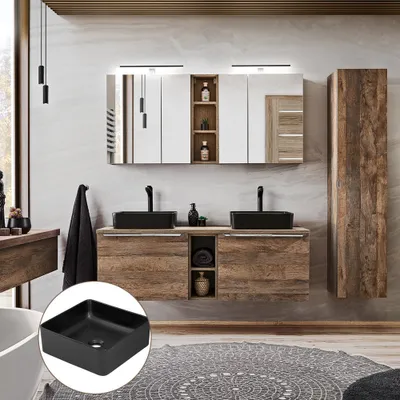 Produktbild von Badmöbel Komplett-Set in Vintage Oak Eiche PUEBLA-56 Doppel-Waschtisch mit 40cm Keramik-Waschbecken, 2 LED-Spiegelschränke & Hochschrank  B/H/T 185/200/46 cm