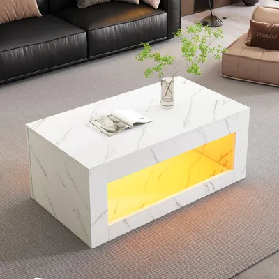 Produktbild von Merax LED-Couchtisch mit Marmordruck, Hochglanze Wohnzimmertisch mit Fernbedienung, Beistelltisch mit großer Stauraum für Wohnzimmer