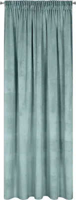 A single teal curtain hanging from a rod.