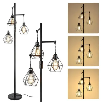 Obrázok produktu pre Rayofly stmievateľná diamantová stojaca lampa, 162 cm, industriálna čierna, 3 klietky, stmievač, kovová vintage lampa do obývačky, spálne, jedálne.