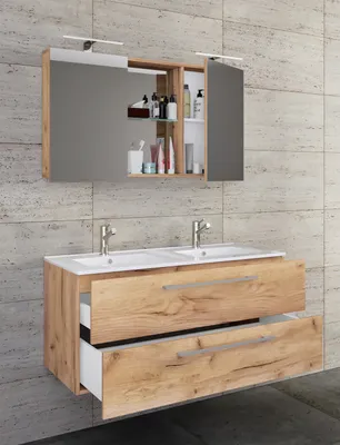 Produktbild von VCM 3-tlg. Doppel Waschplatz | 2x Waschtisch | Badmöbel Set mit Unterschrank, Waschbecken und Spiegelschrank | Doppelwaschbecken | Komplettset Budasi SC