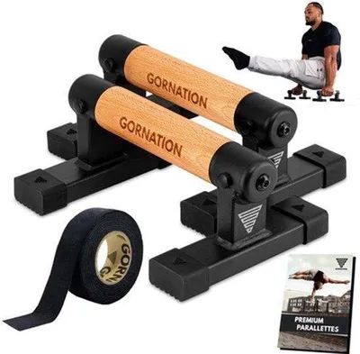 Obrázek produktu pro Opěrky na kliky Calisthenics – černá ocel s dřevěnými rukojeťmi – 16x10x24 cm – pro použití doma i venku – hrazdy na kliky