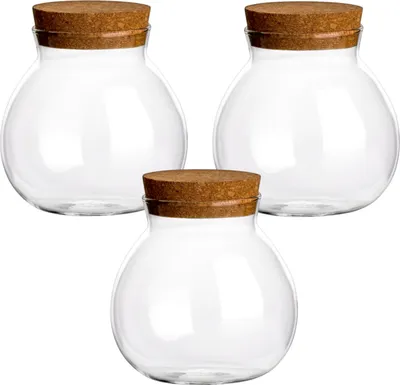 Produktbild von gouveo 3er Set Vorratsglas 600 ml "Kugel" aus Borosilikatglas mit Korken - Runde Vorratsdosen aus Glas mit Korkverschluss - Schönes Aufbewahrungsglas