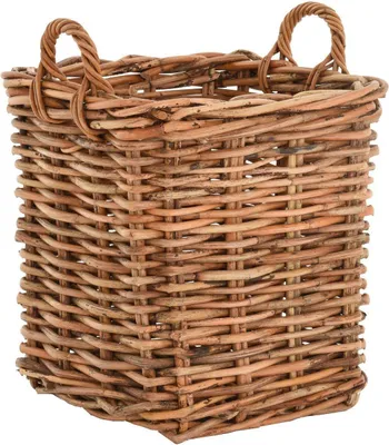 Zdjęcie produktu dla KRINES HOME Duży kosz na rośliny Naturalny rattanowy kosz na rośliny XXL z uchwytami Kosz do dekoracji roślin ogrodowych (kwadratowy, mały)