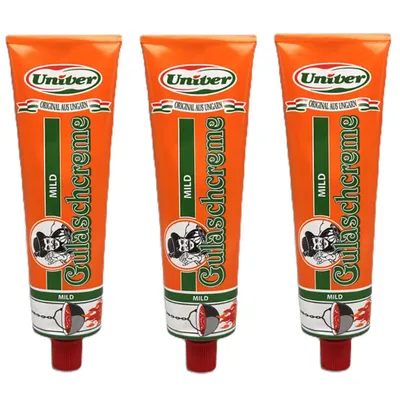 Three tubes of Univer Gulaschcreme mild are displayed side-by-side against a white background.