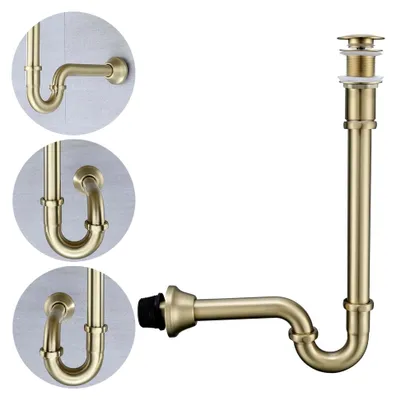 Produktbild von P-Falle aus Messing mit Waschbeckenstöpsel-Set ohne Überlauf, gebürstetes Gold, U-Form, 3,8 cm Waschbeckenverschluss und 29,5 cm Gleitgelenk-Verlängerungsrohr, höhenverstellbar