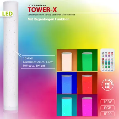 Produktbild von LED RGBW Stehleuchte TOWER-X 104cm mit Fernbedienung – dimmbar, 10W, 800 Lumen