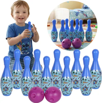 Produktbild von DISNEY Stitch MINI SET Kegeln, BOWLING für Kinder, Geschicklichkeitsspiel, 10 KEGEL + 2 KUGELN, 3+