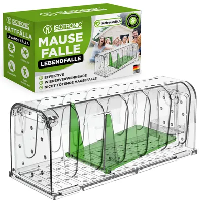 Imagen del producto de Trampa para ratones ISOTRONIC, captura viva con caja para cebo: trampa viva respetuosa con los animales para ratones, ratas y otros roedores. Trampa para ratas reutilizable con sistema de liberación sin contacto y orificios de ventilación adicionales (1 unidad)