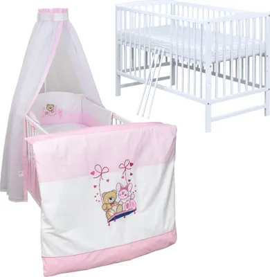Produktbild von Baby-Delux Babybett Kinderbett Gitterbett Milo Weiß 120x60 Komplett Bettset 10-tlg mit Stickerei Schaukelfreunde
