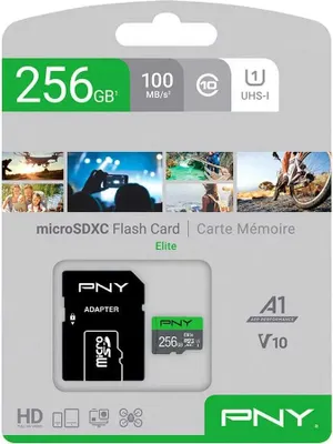 Product packaging for a PNY Elite microSDXC flash card.