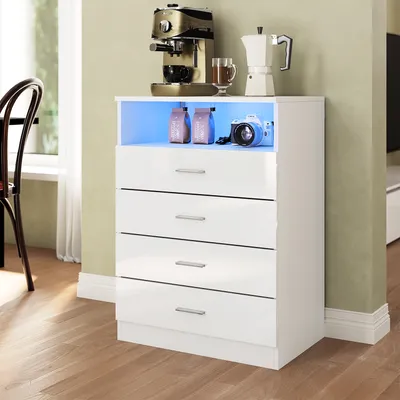 Zdjęcie produktu dla Szafka wolnostojąca SONNI biała wysoki połysk, z 4 szufladami i otwartymi przegrodami, 60x40x83cm, z regulowanym oświetleniem LED, odpowiednia do salonu i sypialni