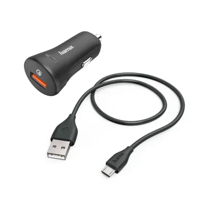 Produktbild von Hama Kfz-Ladeset, Micro USB, 3A, Ladegerät QC3.0 + Micro-USB-Kabel, 1,5 m, Schw.