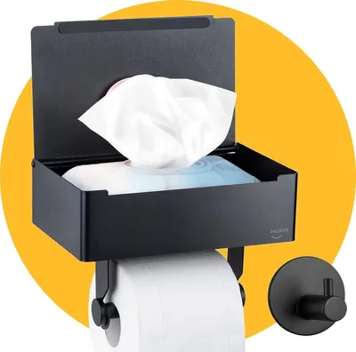 Produktbild von Toilettenpapierhalter mit feuchttücherbox und Ablage Schwarz - ohne bohren - mit handtuchhalter - klopapierhalter - wc rollenhalter - rostfreier Stahl - badezimmer zubehör