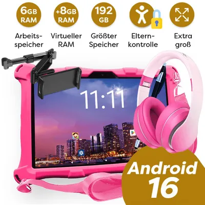 Produktbild von AngelTech Kindertablet XL PRO II - Android 16 - Rosa mit Kopfhörer und Tablet-Halterung