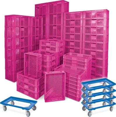 Produktbild von 78 Stück Stapelkörbe/Bäckerkästen in 5 Größen, Grundmaß LxB 600 x 400 mm, H 90 mm, 150 mm, 240 mm, 320 mm, 410 mm, Farbe pink + 5x Transportroller, blau