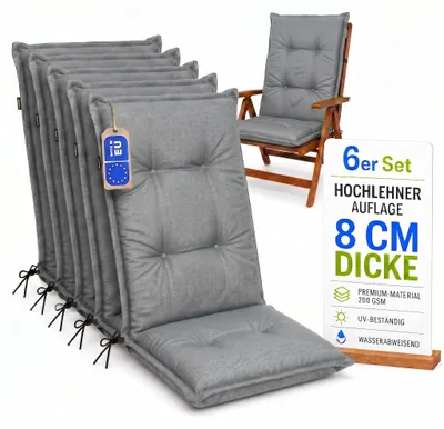 Zdjęcie produktu dla Pillows24 - 6x poduszki z wysokim oparciem 120x50x8 cm | Pikowane, odporne na warunki atmosferyczne poduszki na krzesła ogrodowe | Poduszki na siedziska do mebli ogrodowych | Wyprodukowano w UE | Szary
