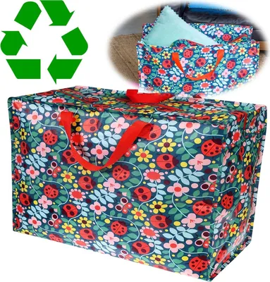 Produktbild von LS-LebenStil XXL Jumbo Bag Blumen Marienkäfer 55cm ️ Recycled faltbar Einkaufstasche Unterbettkommode Aufbewahrungstasche Kleidung Bettdecken Kissen