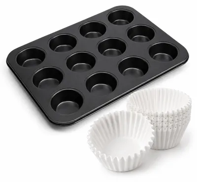 Produktbild von 12 Tassen Muffinform Mit 500 Pack Weißen Einweg-Cupcake-Förmchen, Antihaft-Cupcake-Backblech Aus Kohlenstoffstahl(Schwarz)