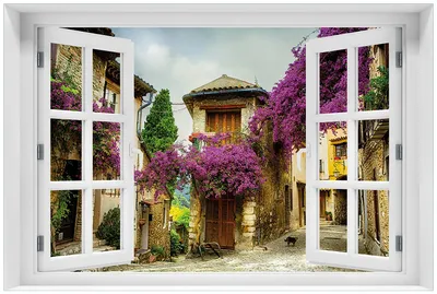 Produktbild von Wallario Premium Glasbild mit Fensterrahmen, freischwebende Optik, kräftige Farben, Größe 60 x 90 cm Motiv Malerische Stadt in der Provence mit bunten Blumen