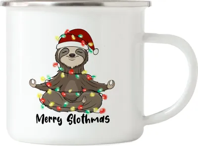 Produktbild von Merry Christmas Emaille-Tasse Geschenkidee Faultier-Fans Sloth Süßes Motiv für Weihnachten für Familie Freunde