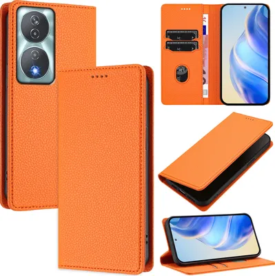 Immagine prodotto di Custodia in pelle per Honor 90 Smart/Honor X7b/Honor X7b 5G, pelle Litschi, custodia a portafoglio con slot per carte e supporto Arancione