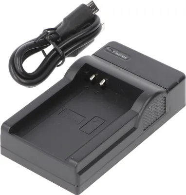 A black battery charger with a USB cable.