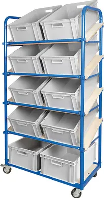 Produktbild von Schrägboden-Regalwagen mit 5 Ebenen, 4 Lenkrollen, bestückt mit 10 Euroboxen 600x400x220 mm grau