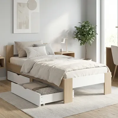 Obrázok produktu pre Homestyle4u Drevená posteľ 90x200 s 2 zásuvkami, dub prírodný, biela, jednolôžková posteľ s roštom 3317