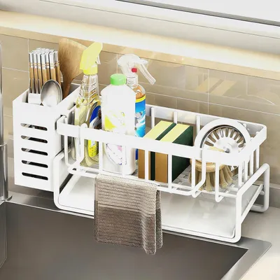 Produktbild von Spülbecken Organizer weiß Küchen Schwammhalter - Küchen Organizer mit Schwammhalter, Spülbürstenhalter & Geschirrtuchhalter Mit automatischem Abflusssystem Für Arbeitsplatte oder Wandmontage