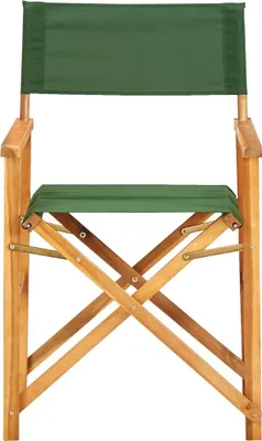 A front view of a green director's chair made of wood.