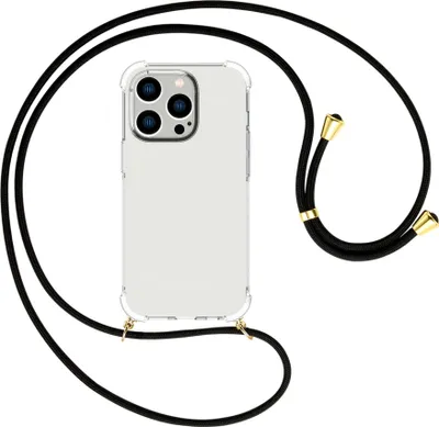 Produktbild von Handykette Backcover-Schutzhülle mit Band (Metall goldfarben) für Apple iPhone 15 Pro - schwarz