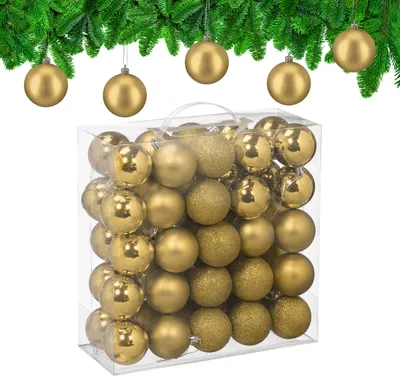 Productafbeelding van Relaxdays kerstballen, set van 50 stuks, kunststof, diameter: 6 cm, ronde kerstversiering voor de kerstboom, kerstboomversiering, breekvaste, goudkleurig