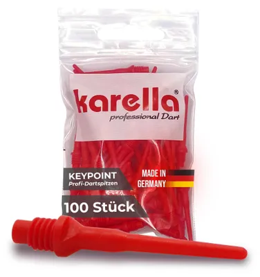 Produktbild von Karella Profi Dartspitzen Keypoint-Special,  Germany, 100 Stück, 2BA Gewinde, extrem stabile Dartspitzen Kunststoff, äußerst langlebig Softdart Spitzen, Soft Tips, rot, Spitzen für Dartautomat