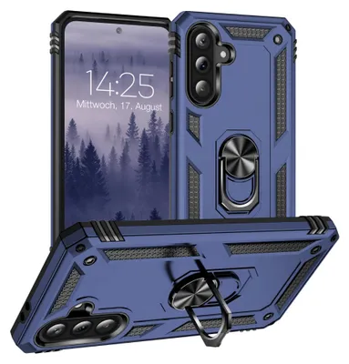A blue rugged phone case with a built-in ring stand is shown from multiple angles, with a phone inside one of the cases.