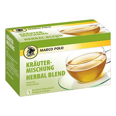 A product box for Marco Polo Herbal Blend tea.