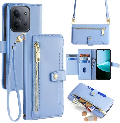 Produktbild von Handykette für Xiaomi Redmi 15C Hülle mit Band Handyhülle Kartenfächer Kunstleder Umhängetasche Hellblau