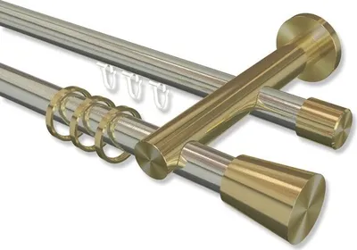 Produktbild von Interdeco Rundrohr-Innenlaufstange, Gardinenstange (Kombination) Edelstahl-Optik / Messing-Optik Modell Platon Sitra, 20 mm Ø 2-läufig, 320 cm (geteilt)