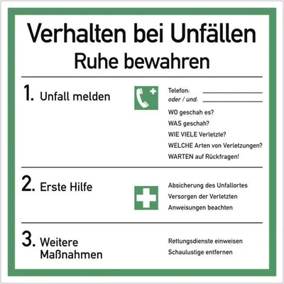 Produktbild von Dreifke® Aufkleber Verhalten bei Unfällen ISO 7010, Folie, 180x180 mm