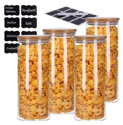 Produktbild von TP Vorratsgläser 4er Set mit Bambus Deckel, luftdichte Behälter inkl. Etiketten, 4 x 1800 ml