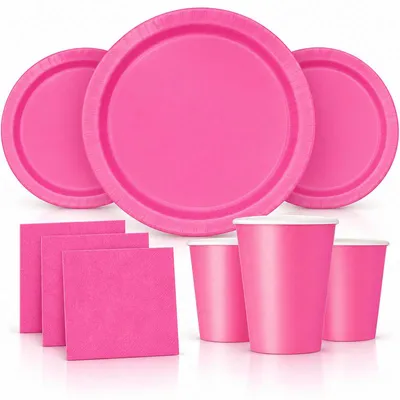 Produktbild von Party Deko Set pink Einweggeschirr für 16 Personen Teller, Becher, Servietten Hochzeit Geburtstag
