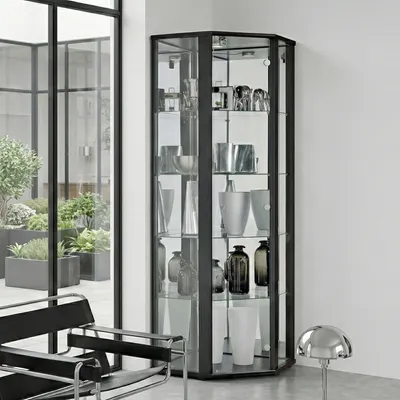 Produktbild von K-Mšbel Eckvitrine in Schwarz (176x56,5x56,5 cm) mit 4 Glasbšden, Schloss, Spiegel & LED - Modellauto Vitrine Schwarz - Vitrinenschrank Holzoptik - Sammlervitrine - Wohnzimmerschrank Glasvitrine