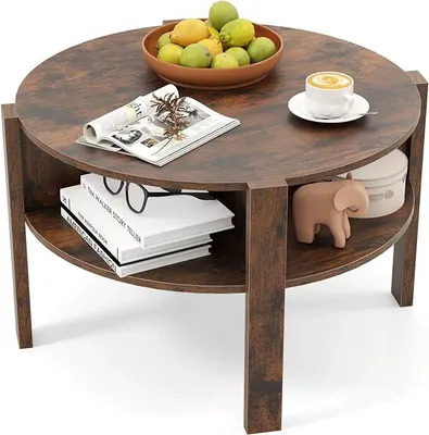 Produktbild von 2-stöckiger runder Beistelltisch, Couchtisch mit breiter Tischplatte, 4 unteren Fächern & erhöhten Beinen, Kaffee- & Teetisch für Wohnzimmer, Braun