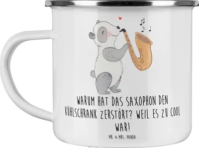 Produktbild von Mr. & Mrs. Panda Blechtasse Saxophon Kühlschrank - Weiß - Geschenk, Campingbecher, Emaille Becher, Humor, Lernen, Pott, Teetasse, Musiker, Instrument, Cool, Klangfarbe